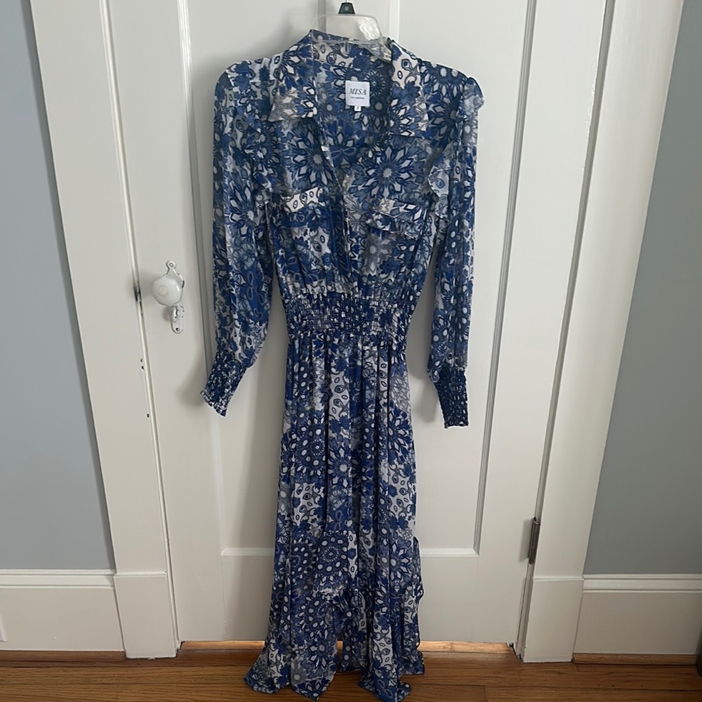 Misa Los Angeles Blue and White Tie Front Midi Dress with V-Neck